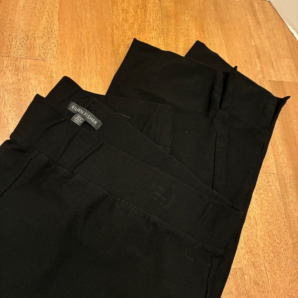 Eileen Fisher Black Stretch Knit Cropped Pants Large Side Slit USA Made Designer